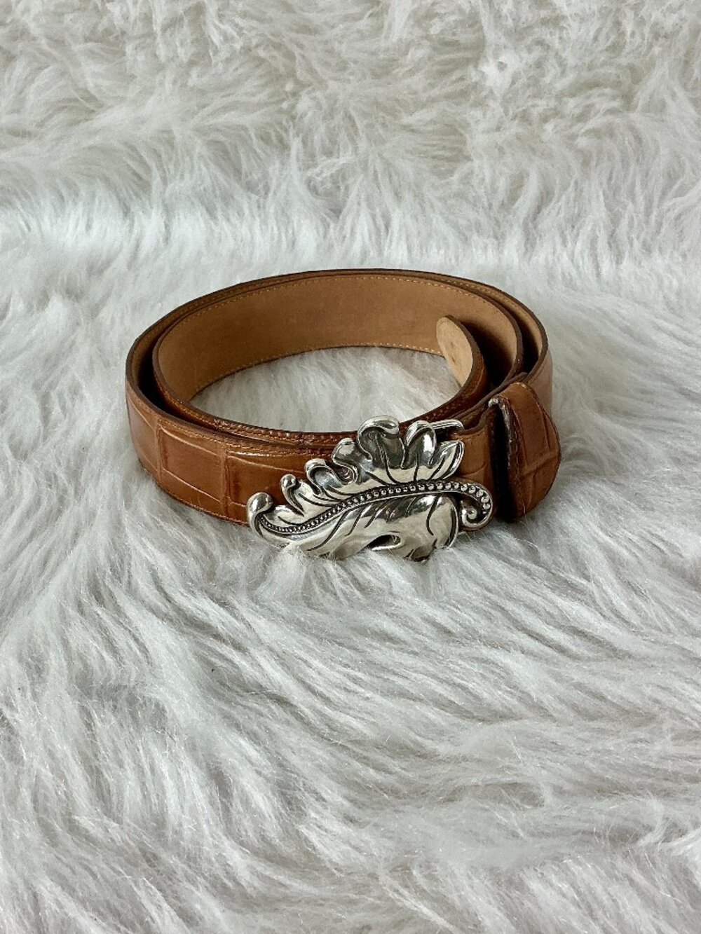 Vintage 90s 00s Brown Croc Embossed Leather Silver Leaf Buckle Belt XL